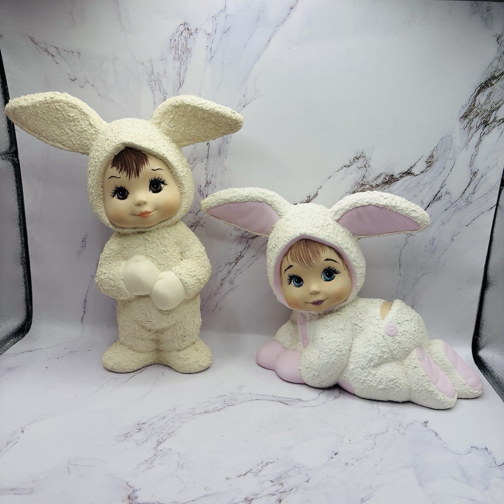 Vintage Ceramic Baby Bunny Figurines Boy &‎ Girl Textured Outfits Hand Painted